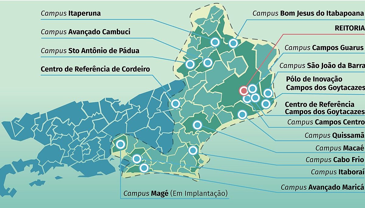 Mapa da área de atuação do Instituto Federal Fluminense no estado do Rio de Janeiro