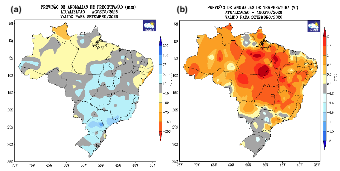 Mapas do INMET com tendência de chuva e temperatura no Brasil em setembro de 2026
